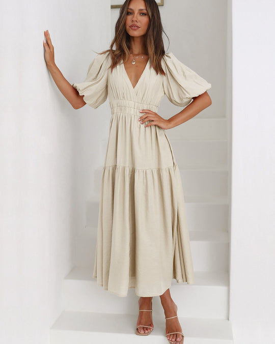 ALBA – PUFF SLEEVE V-NECK DRESS