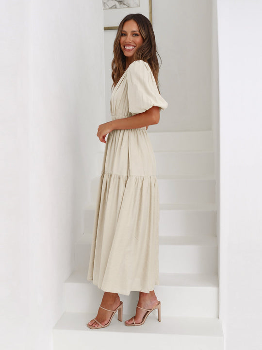 ALBA – PUFF SLEEVE V-NECK DRESS