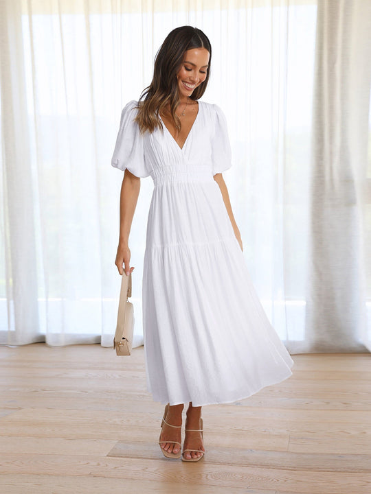 ALBA – PUFF SLEEVE V-NECK DRESS