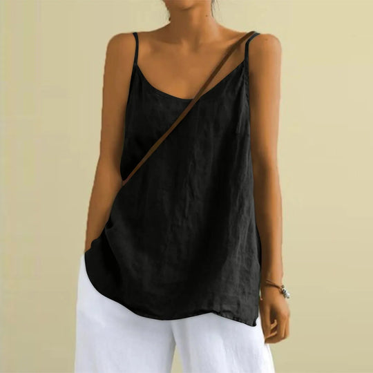 ANNA – SLEEVELESS COTTON-LINEN V-NECK TOP