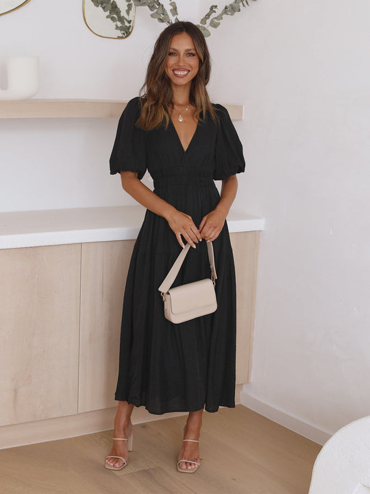 ALBA – PUFF SLEEVE V-NECK DRESS