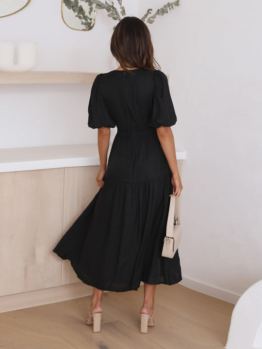 ALBA – PUFF SLEEVE V-NECK DRESS