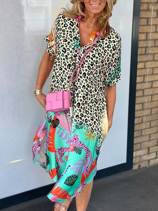QUINN – MIXED PRINT MIDI DRESS WITH STRETCH