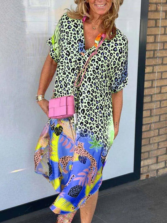 QUINN – MIXED PRINT MIDI DRESS WITH STRETCH