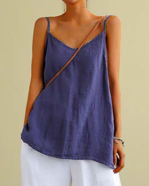 ANNA – SLEEVELESS COTTON-LINEN V-NECK TOP