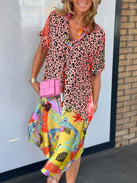 QUINN – MIXED PRINT MIDI DRESS WITH STRETCH