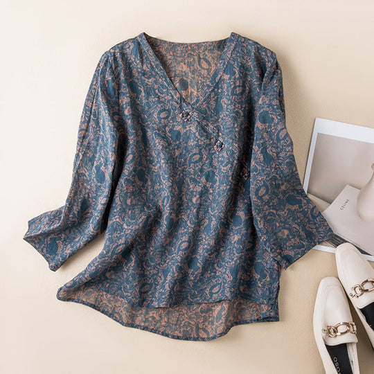 LENA – COTTON-LINEN FLORAL BLOUSE