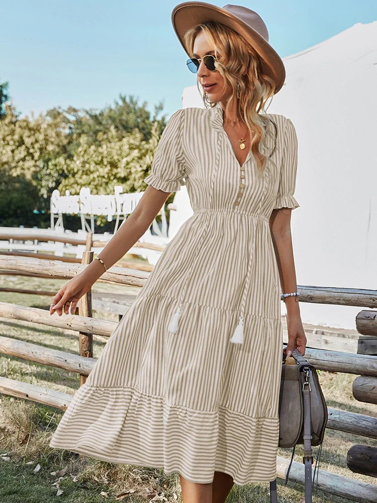 LARA – STRIPED TASSEL V-NECK DRESS