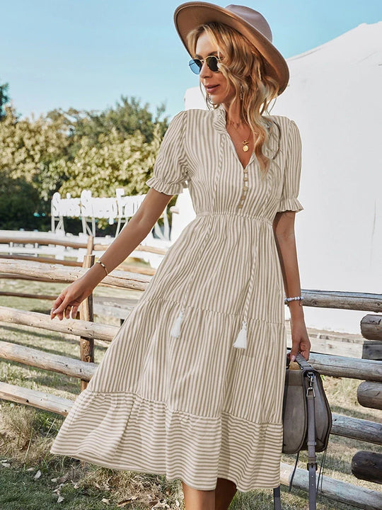 LARA – STRIPED TASSEL V-NECK DRESS
