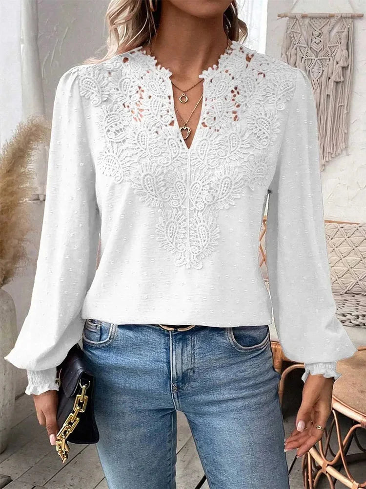 MAREN – LACE BLOUSE WITH V-NECK FINISH