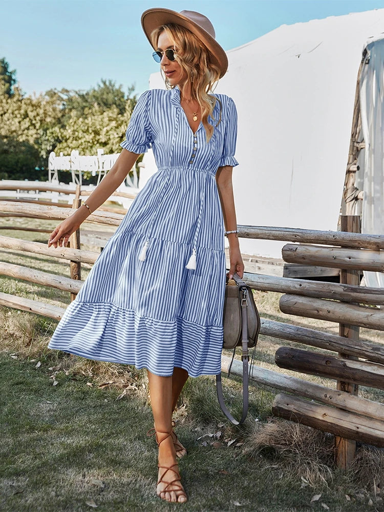 LARA – STRIPED TASSEL V-NECK DRESS