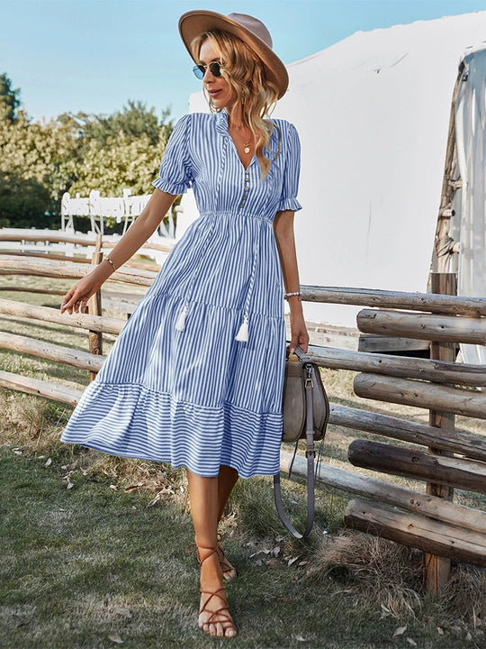 LARA – STRIPED TASSEL V-NECK DRESS