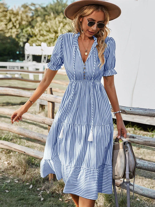 LARA – STRIPED TASSEL V-NECK DRESS