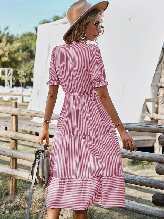 LARA – STRIPED TASSEL V-NECK DRESS